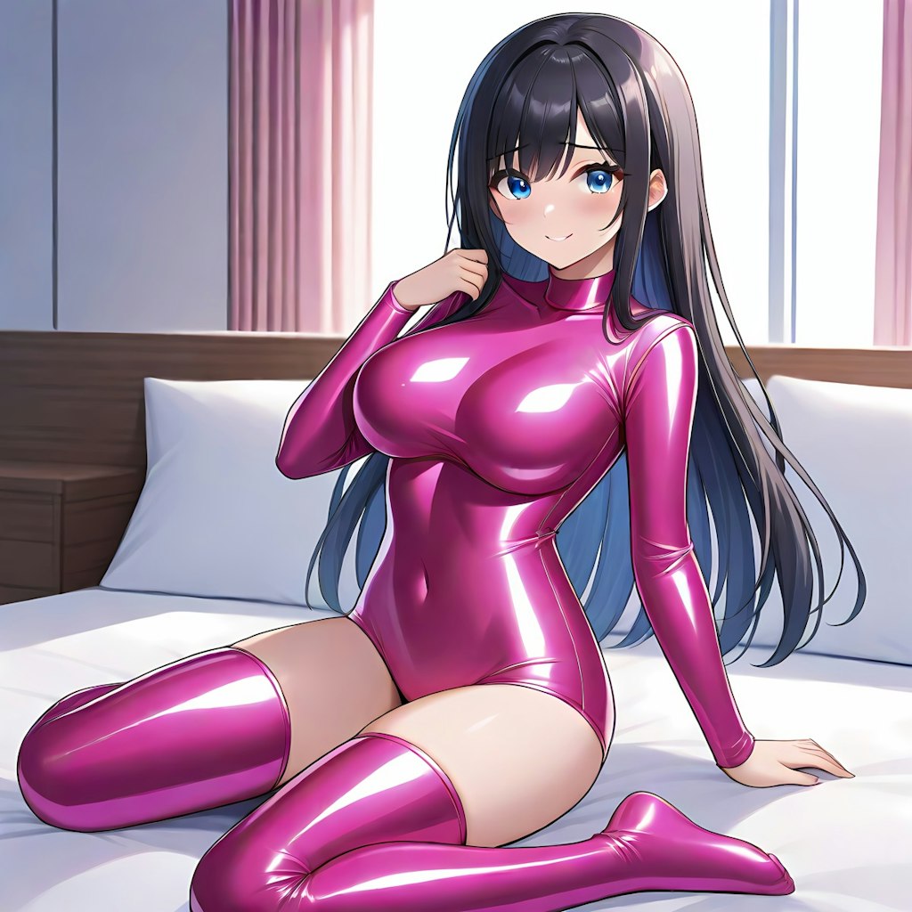 光沢ピンクレオタードサイハイソックス