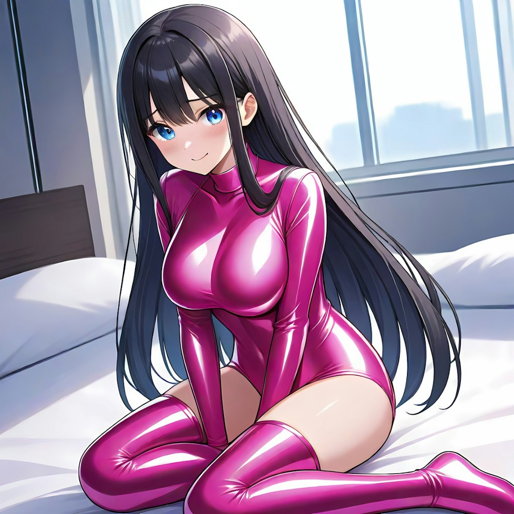 光沢ピンクレオタードサイハイソックス
