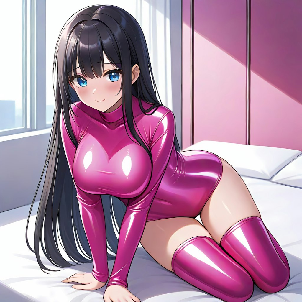 光沢ピンクレオタードサイハイソックス