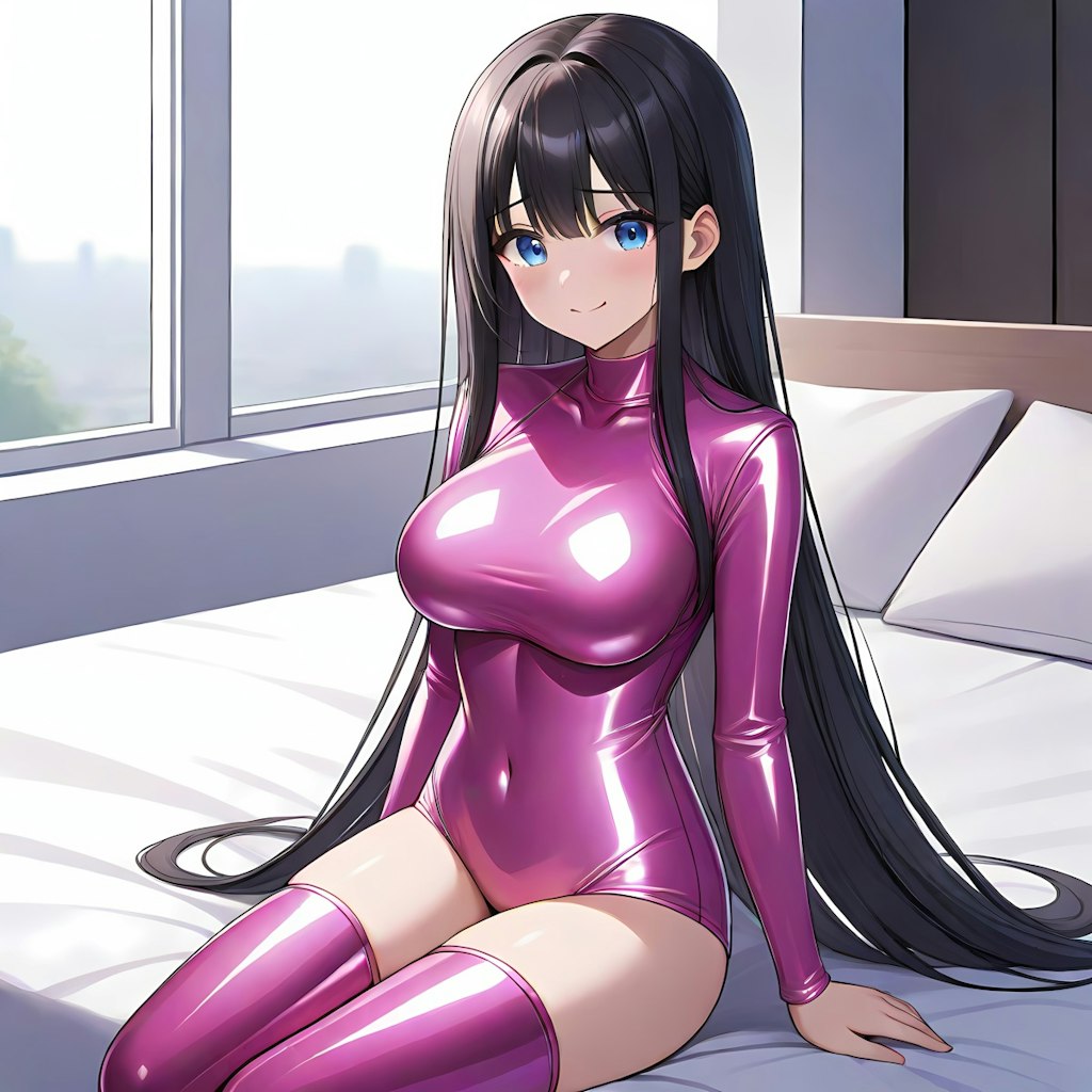 光沢ピンクレオタードサイハイソックス