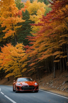 紅葉を楽しみながら峠を走るスポーツカー