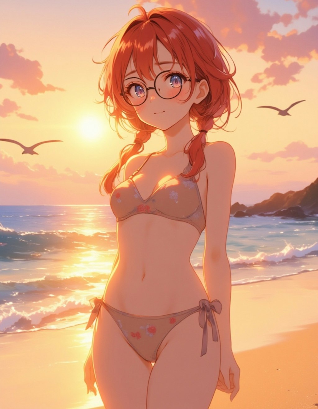夕陽の誘惑：ビーチで挑発する少女