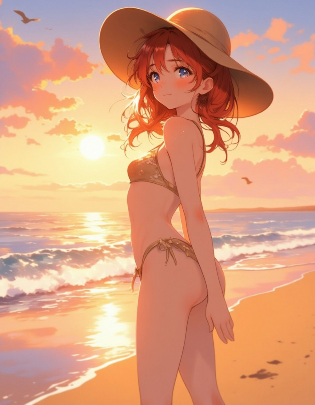 夕陽の誘惑：ビーチで挑発する少女