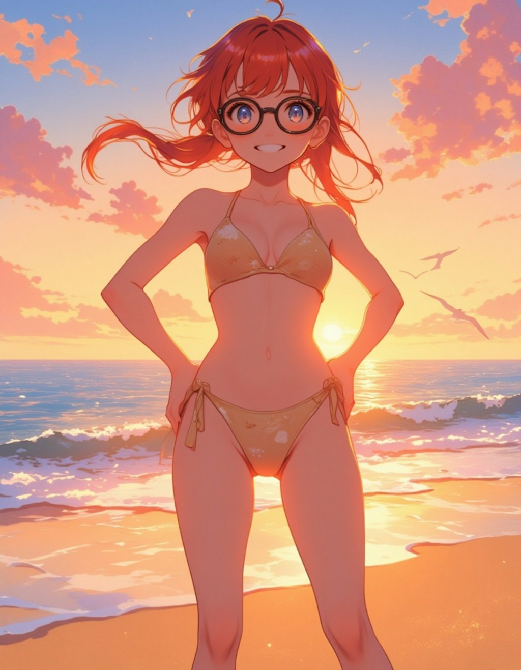 夕陽の誘惑：ビーチで挑発する少女
