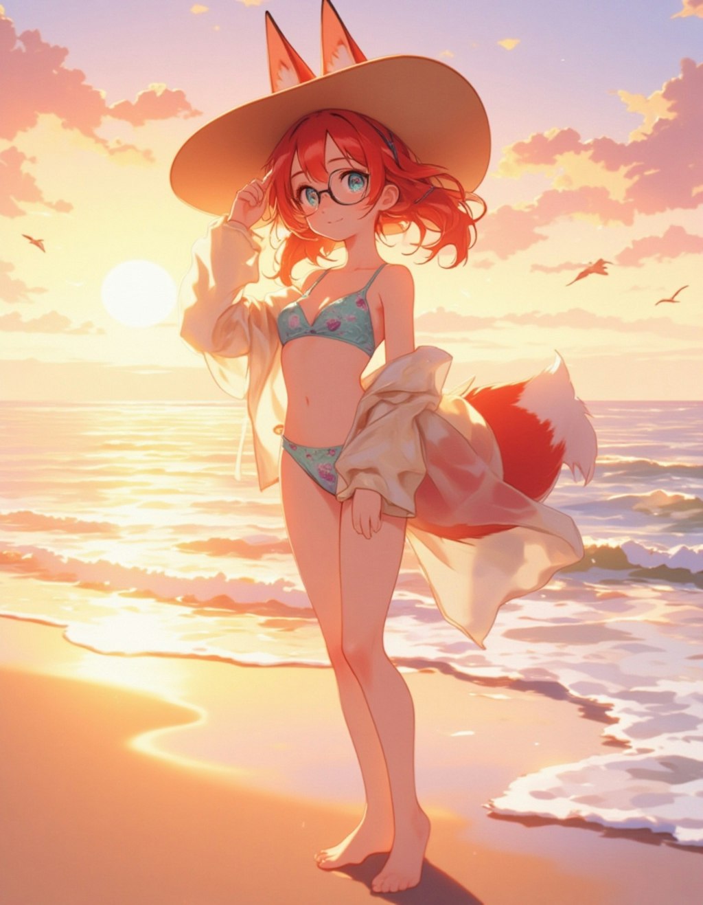 夕陽の誘惑：ビーチで挑発する少女