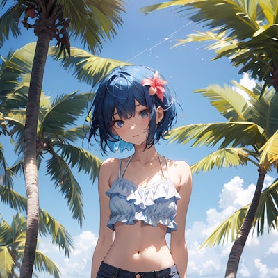 海辺の青い髪の少女