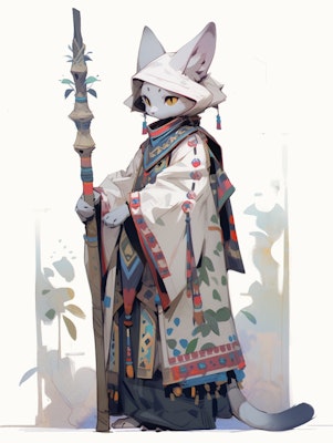 木の杖をつく民族衣装を着た猫