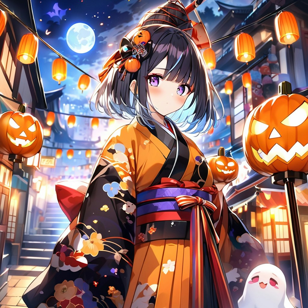 着物の女の子ハロウィンの夜