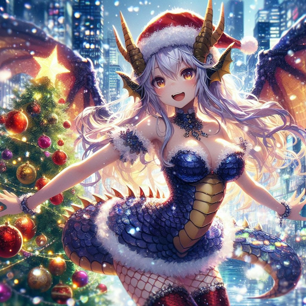 クリスマスツリーに代わりツリー飾りを付けるドラゴン娘