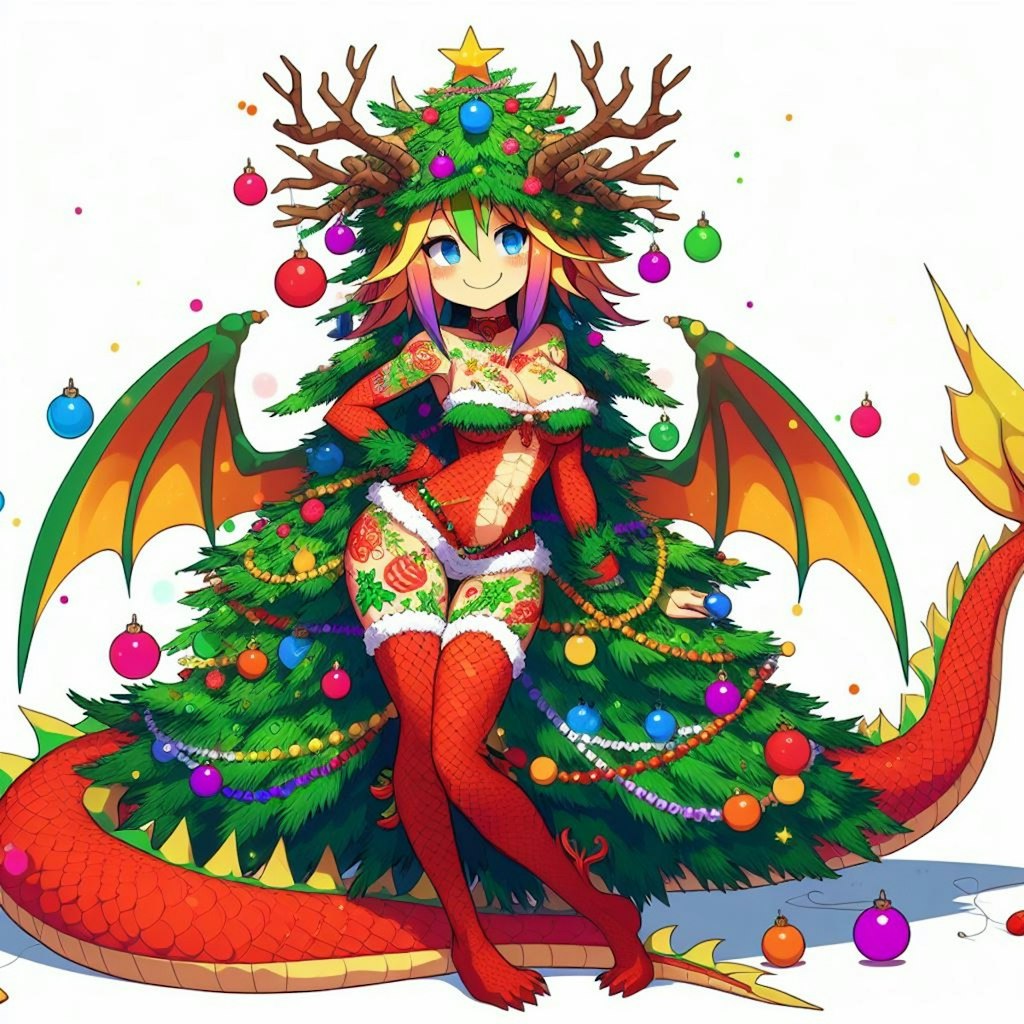 クリスマスツリーに代わりツリー飾りを付けるドラゴン娘