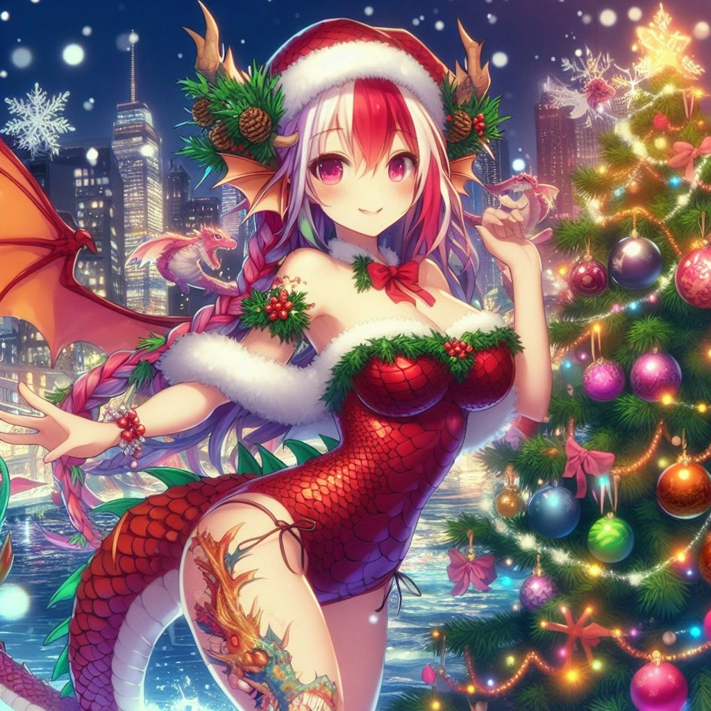 クリスマスツリーに代わりツリー飾りを付けるドラゴン娘