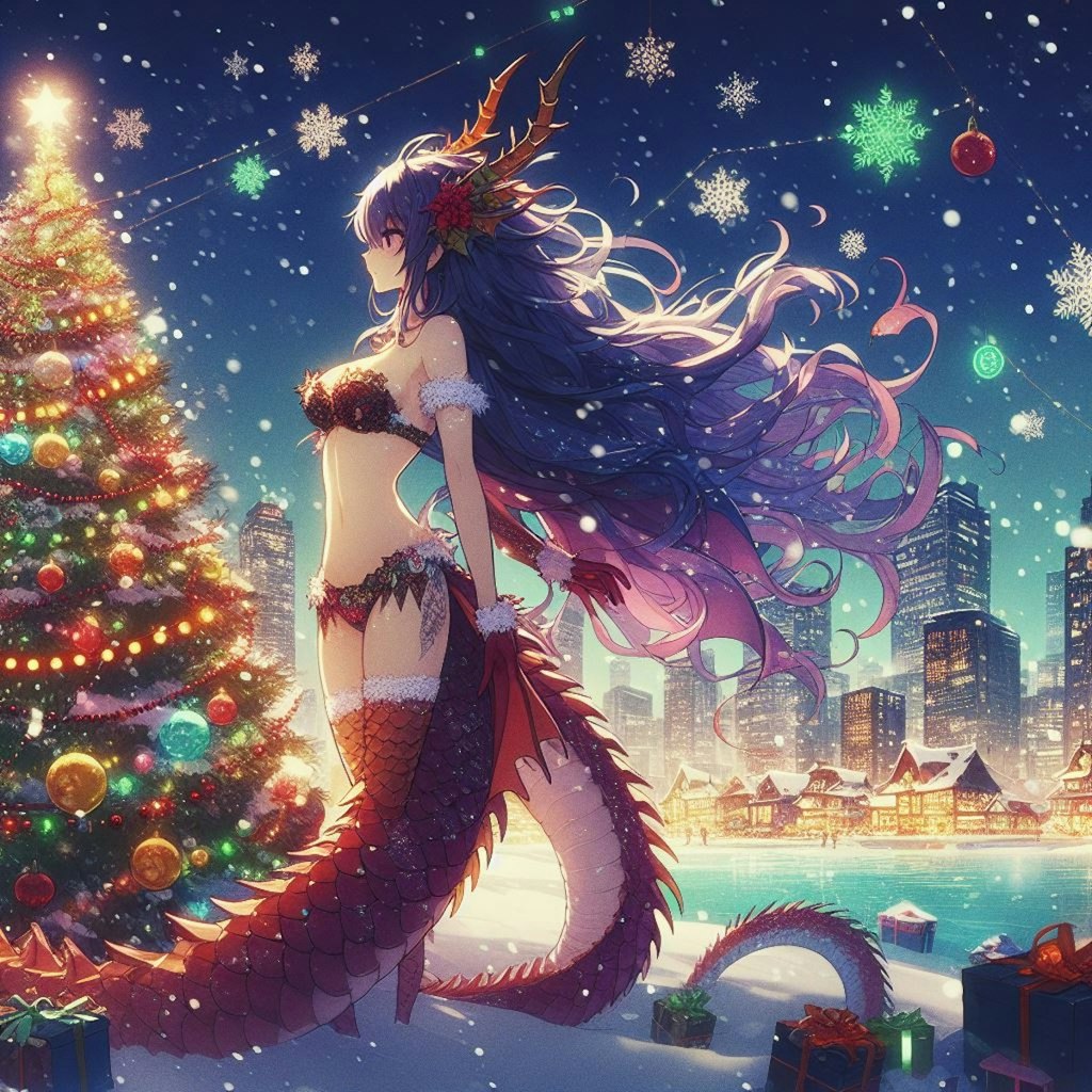 クリスマスツリーに代わりツリー飾りを付けるドラゴン娘