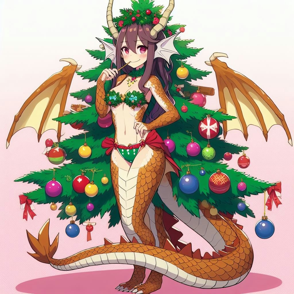 クリスマスツリーに代わりツリー飾りを付けるドラゴン娘