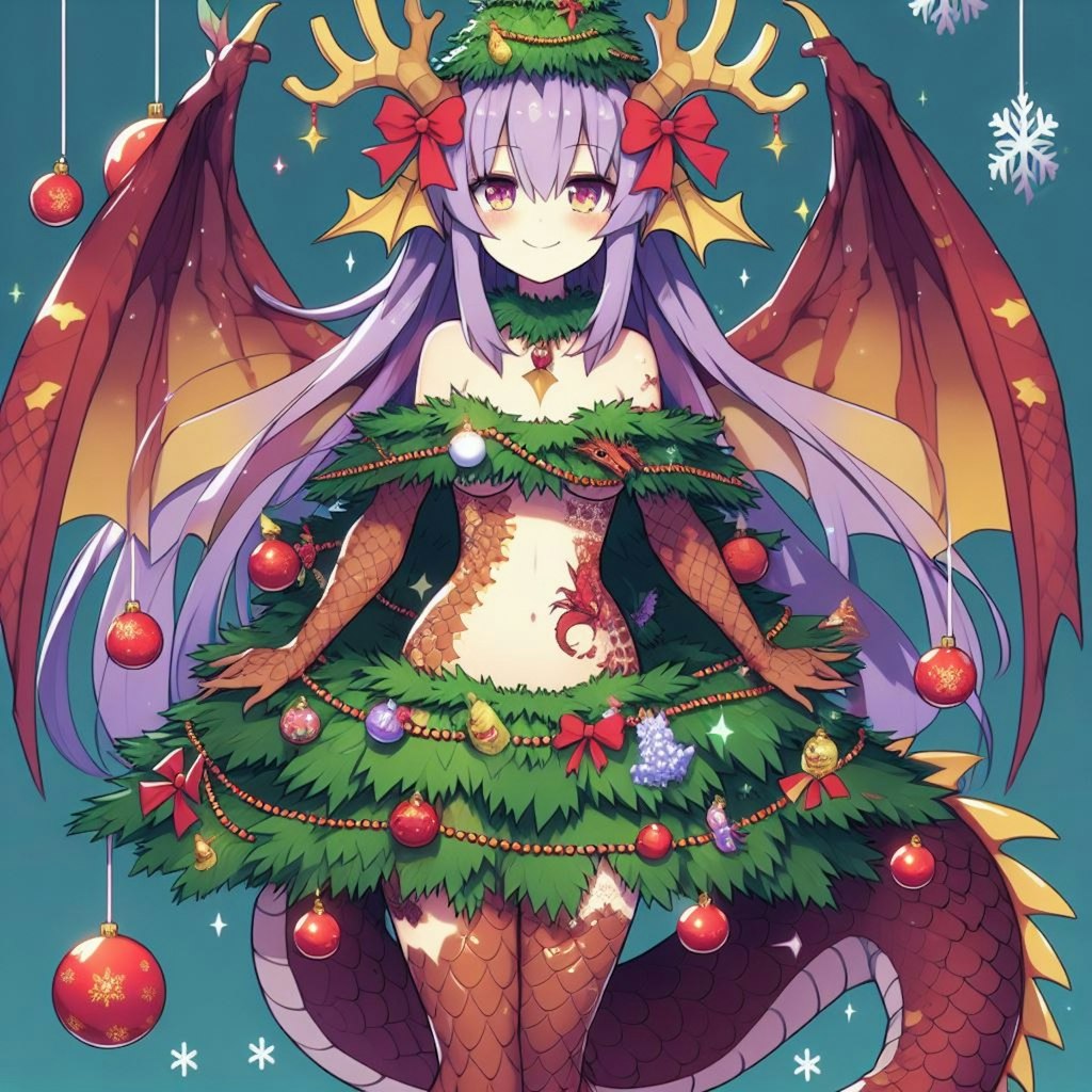 クリスマスツリーに代わりツリー飾りを付けるドラゴン娘