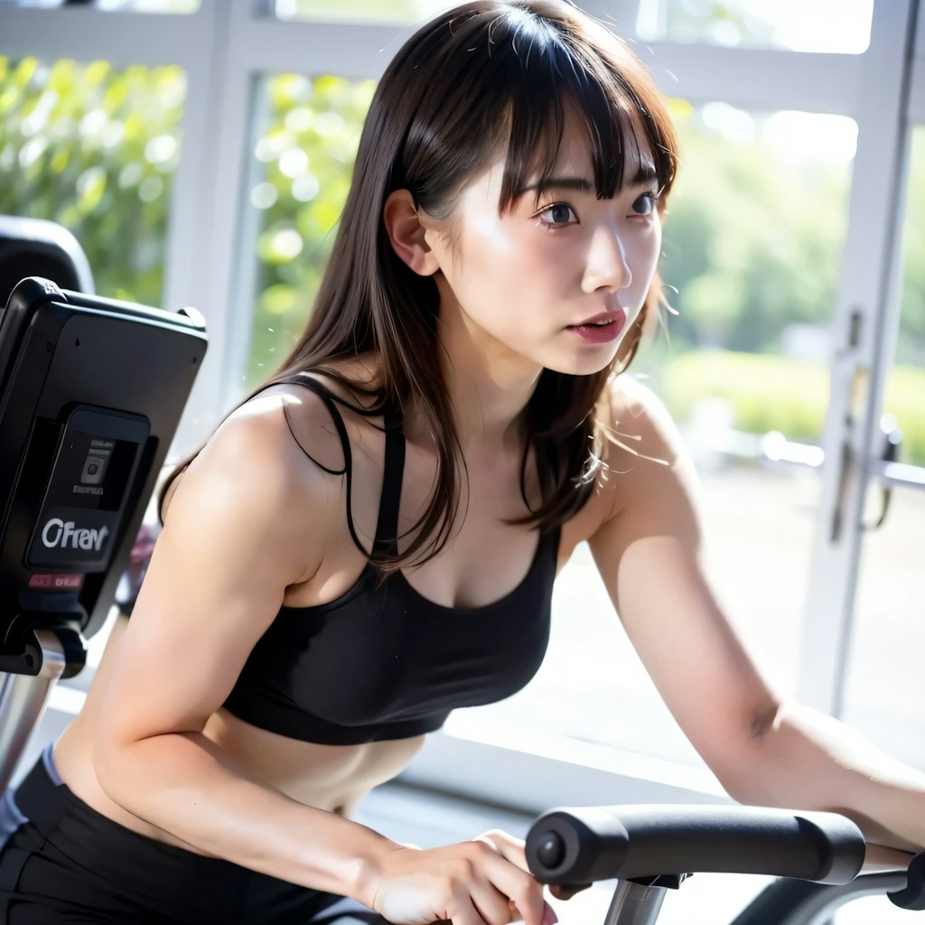 黒髪ロングでエアロバイクの美女２０
