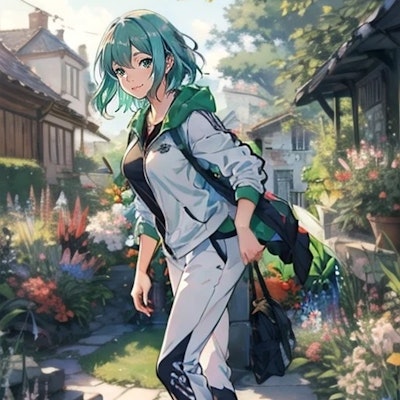 緑髪の子　スポーティーな装いでお庭散策