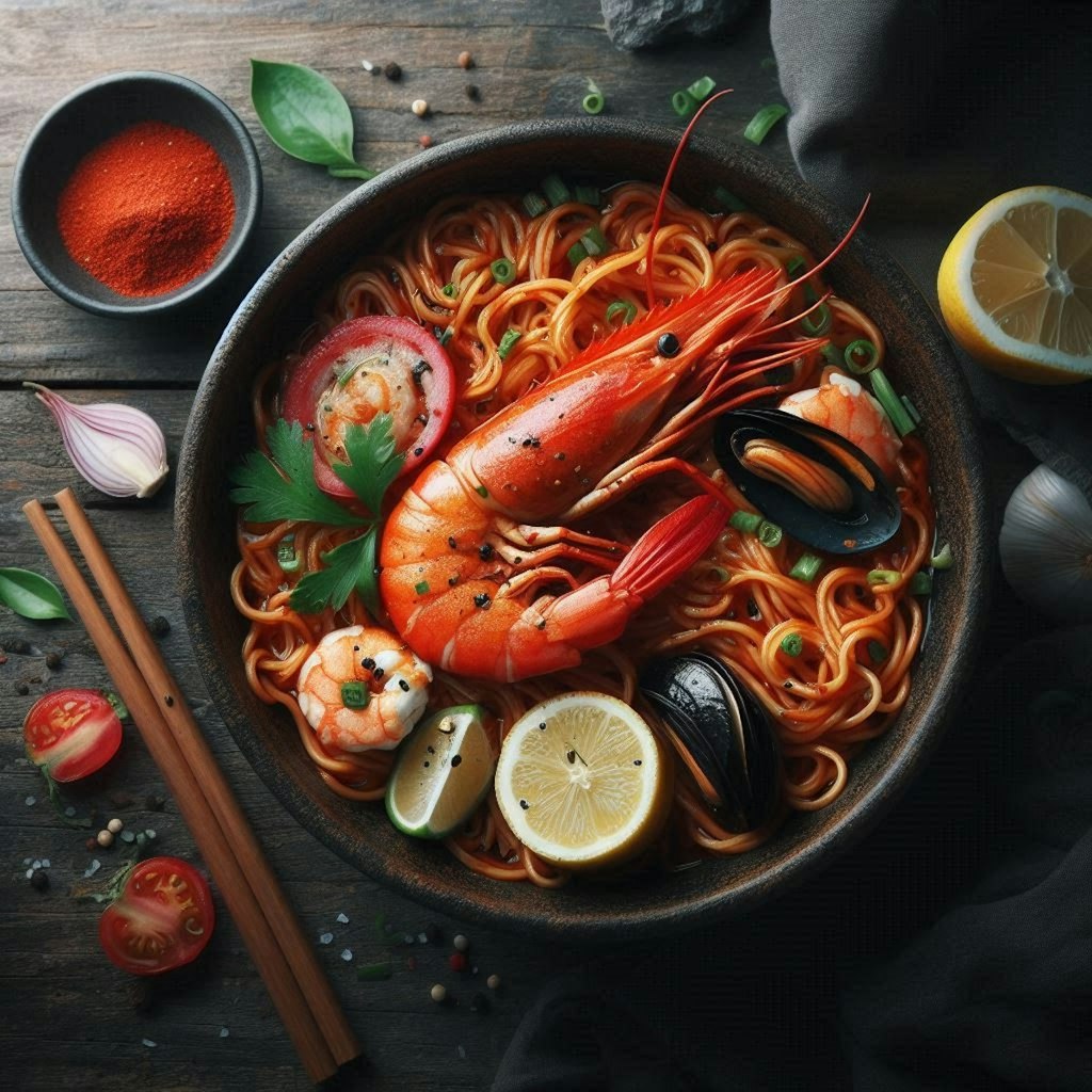 赤と黒のseafood noodle