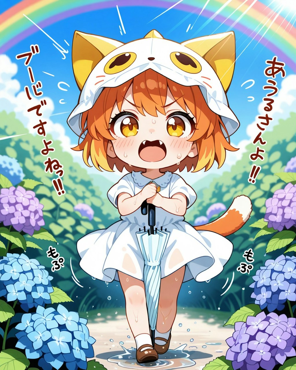 突然のにわか雨で怒っている子ねこ