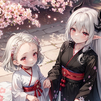 桜模様の着物姿で花見に出かけるホワイトヘア華憐嬢と銀髪竜姫