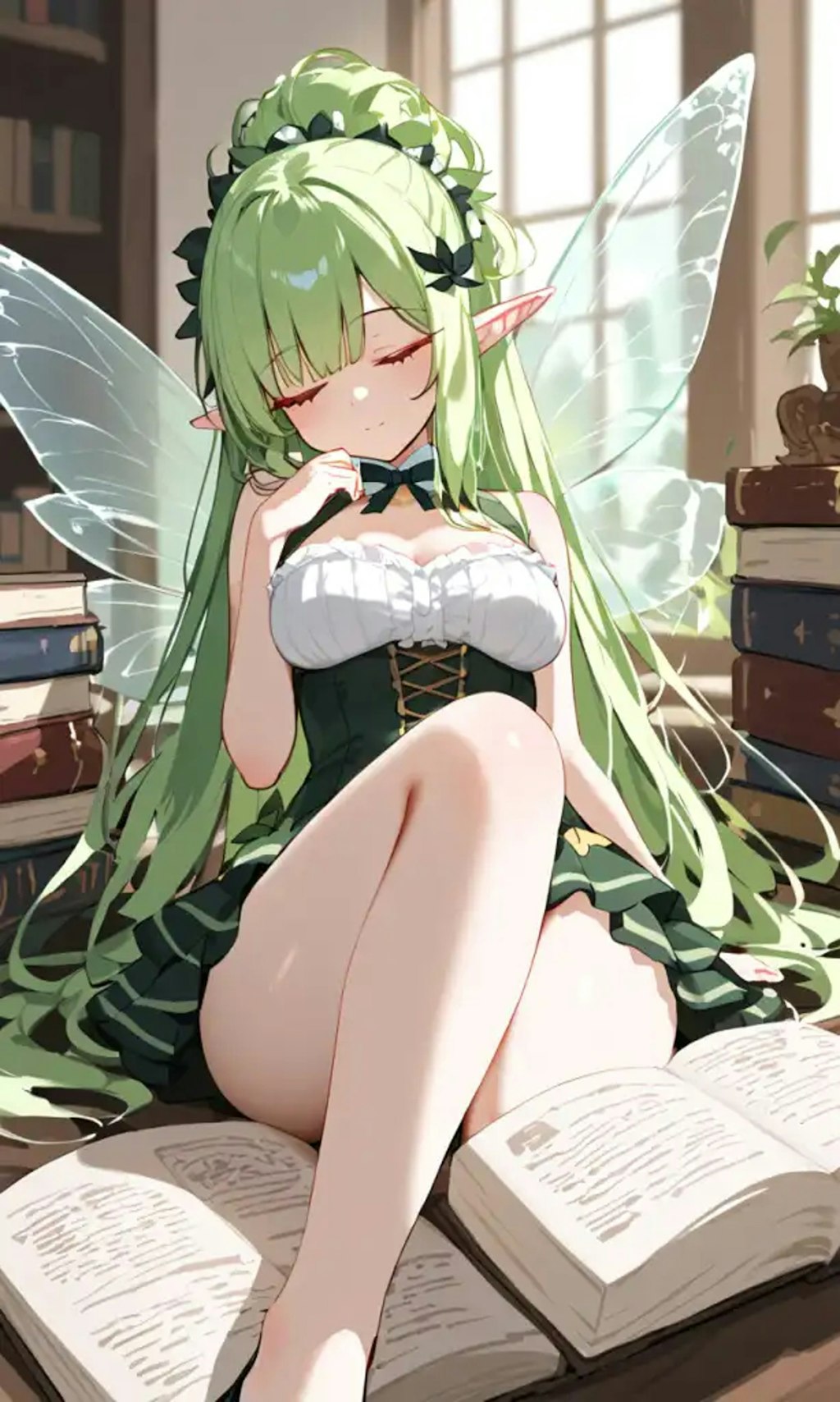 Fairy falling asleep while reading books