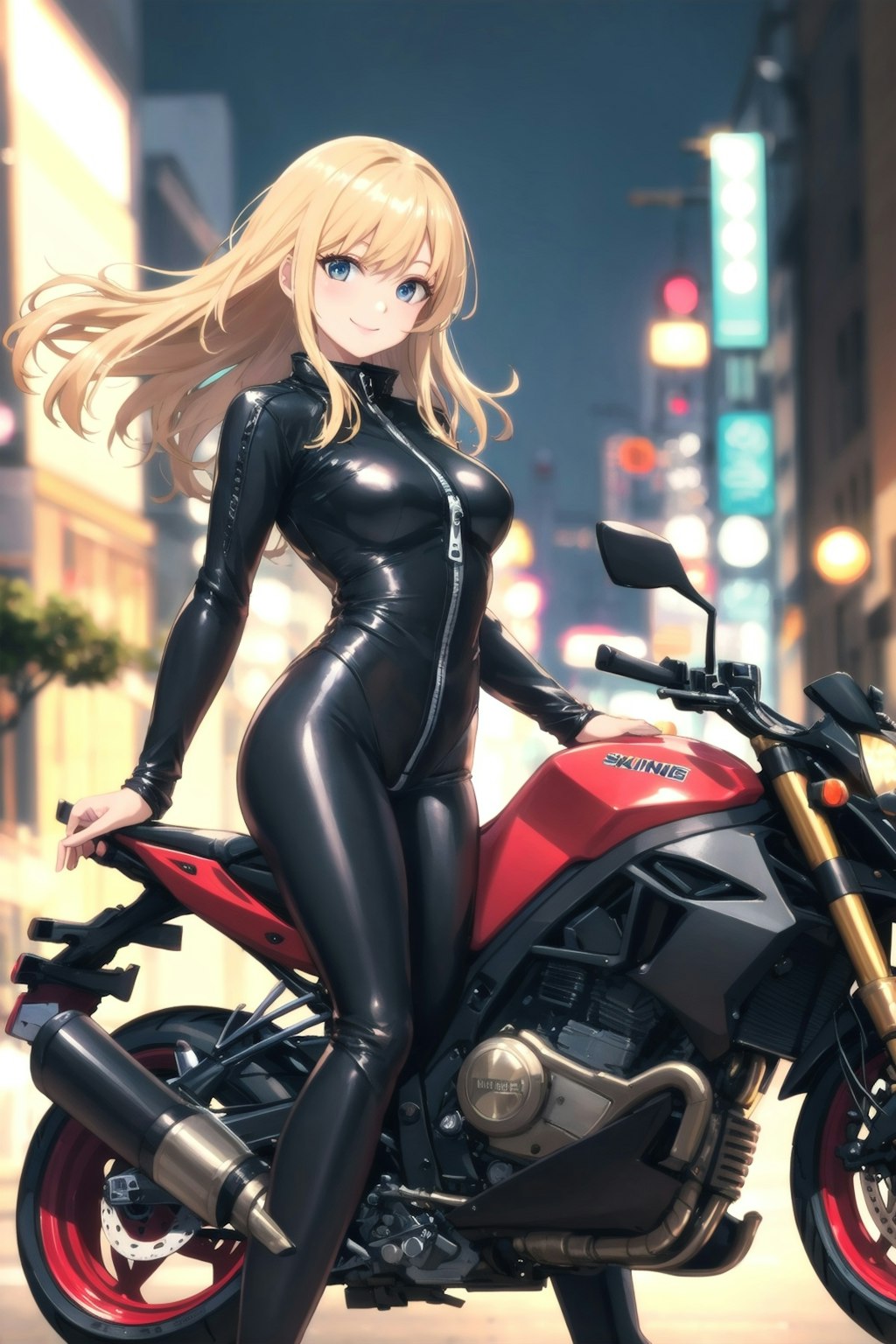 Female rider in skintight catsuit