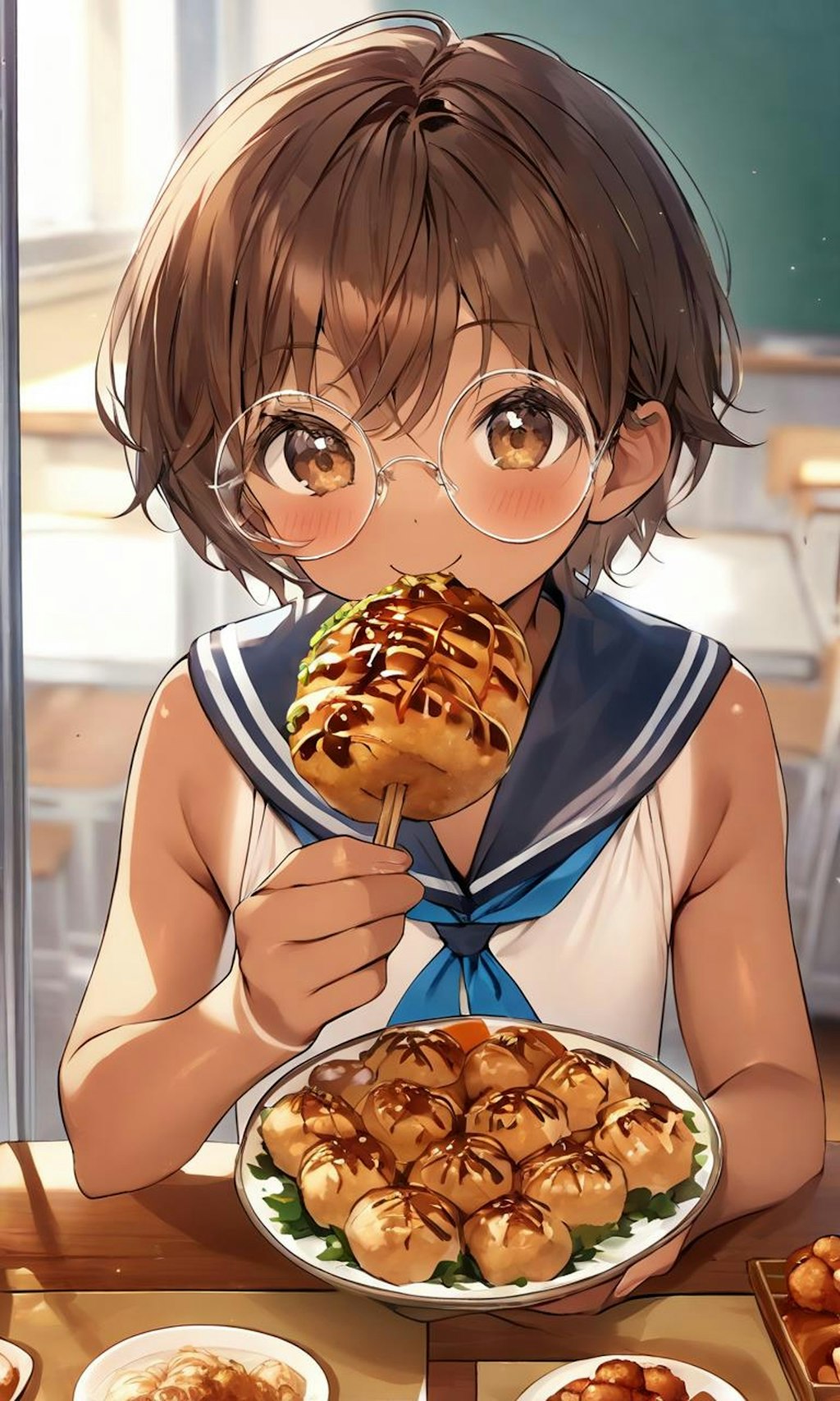 文化祭でたこ焼きを満喫中の眼鏡っ娘