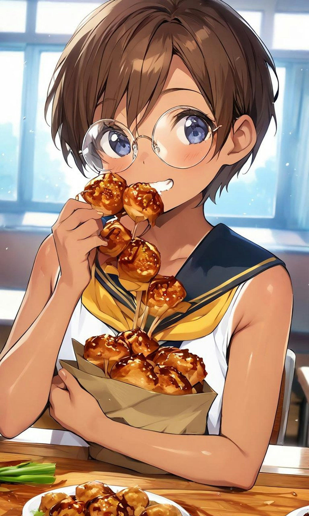 文化祭でたこ焼きを満喫中の眼鏡っ娘