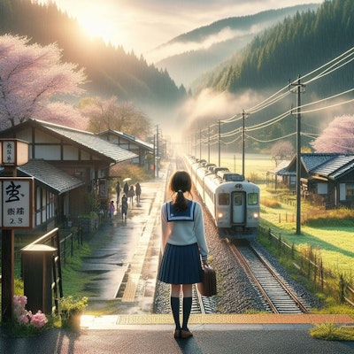 駅(桜と少女)