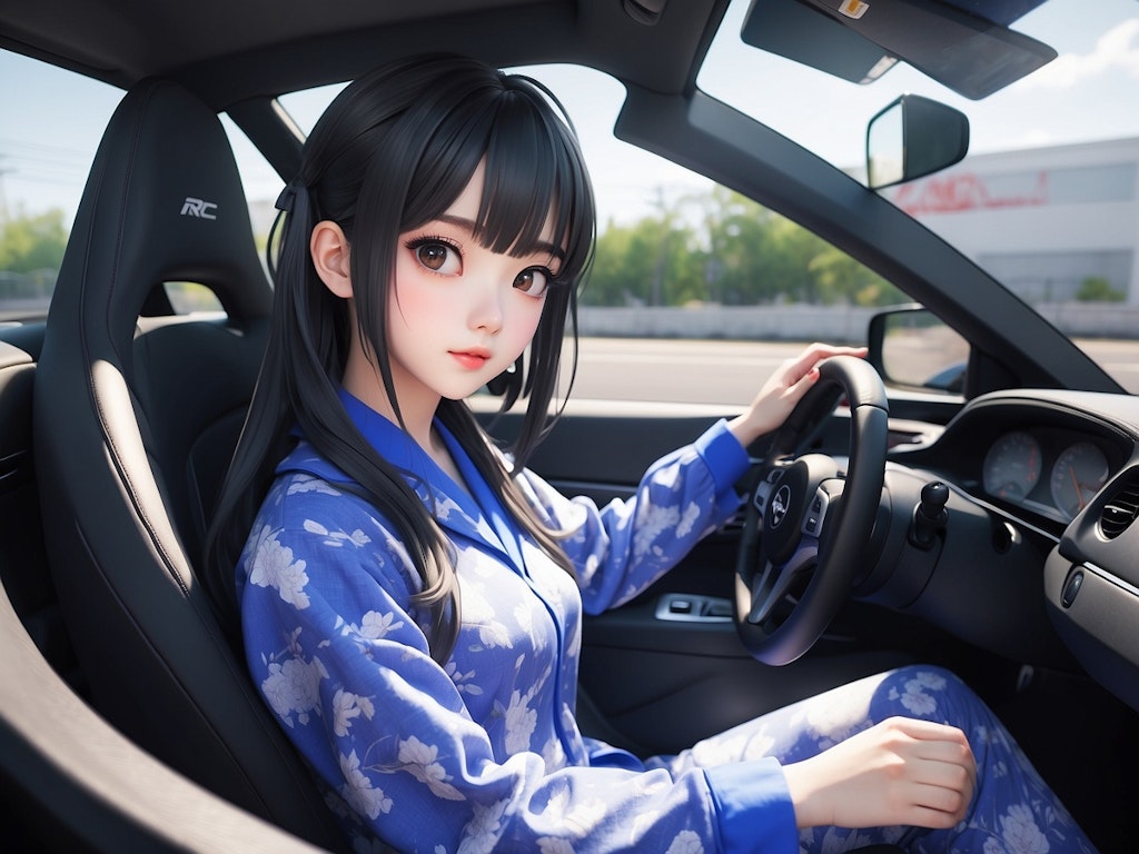 パジャマ姿で運転している少女