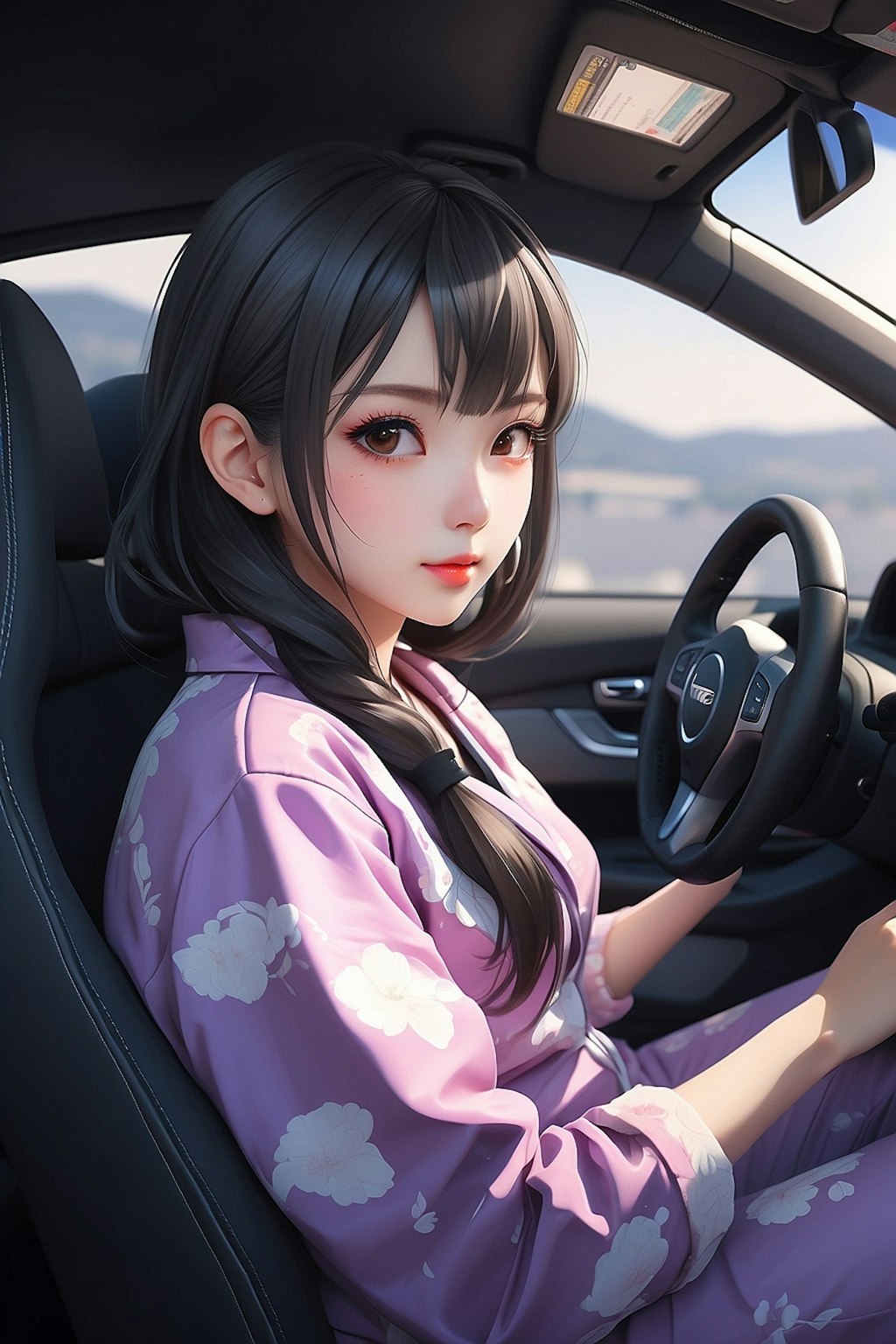 パジャマ姿で運転している少女