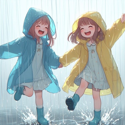 大雨の中、雨合羽を着てはしゃぐ少女たち