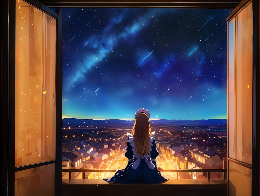 夜景とメイドさん