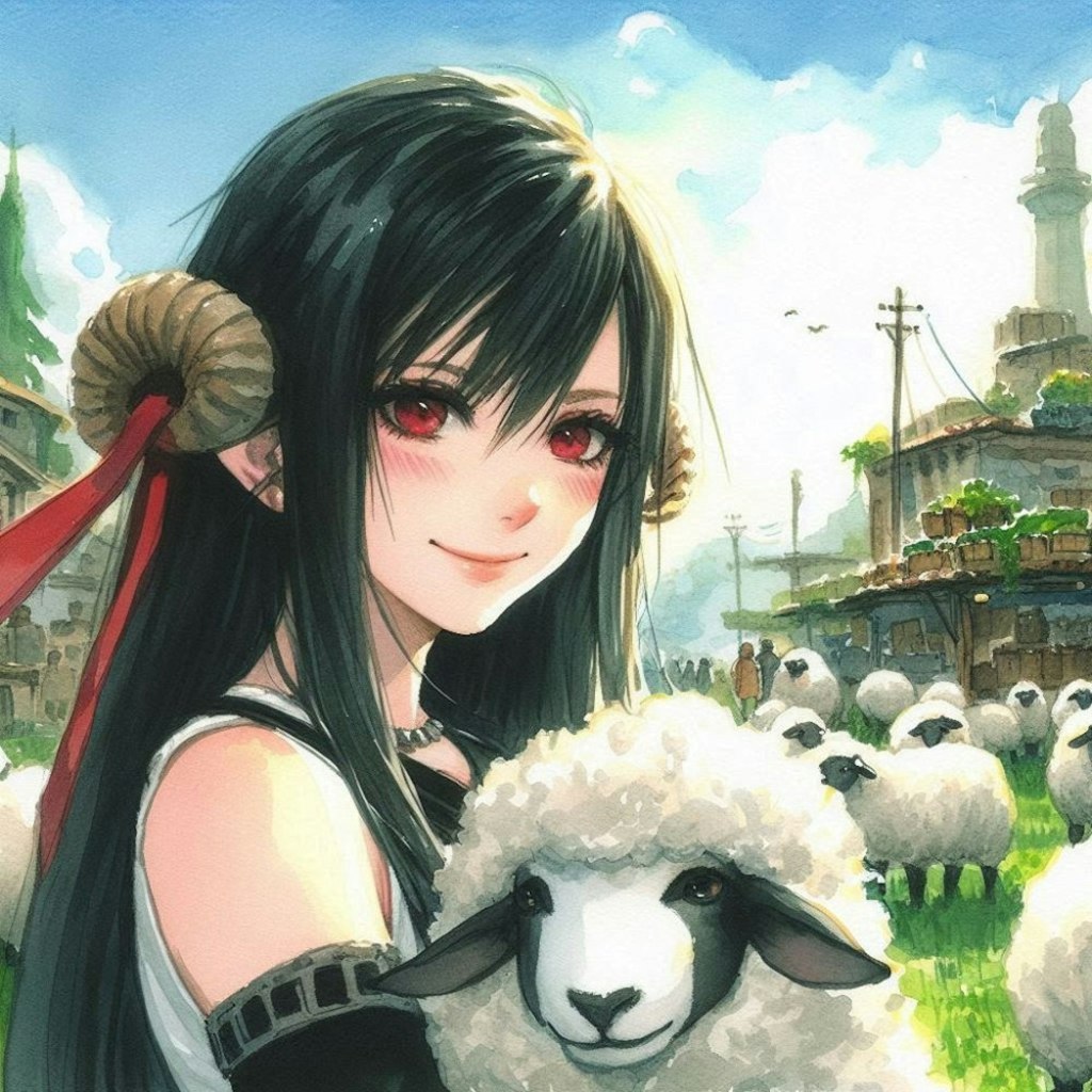 水彩アニメ風古代ギリシャ市場の羊娘コスプレ人妻