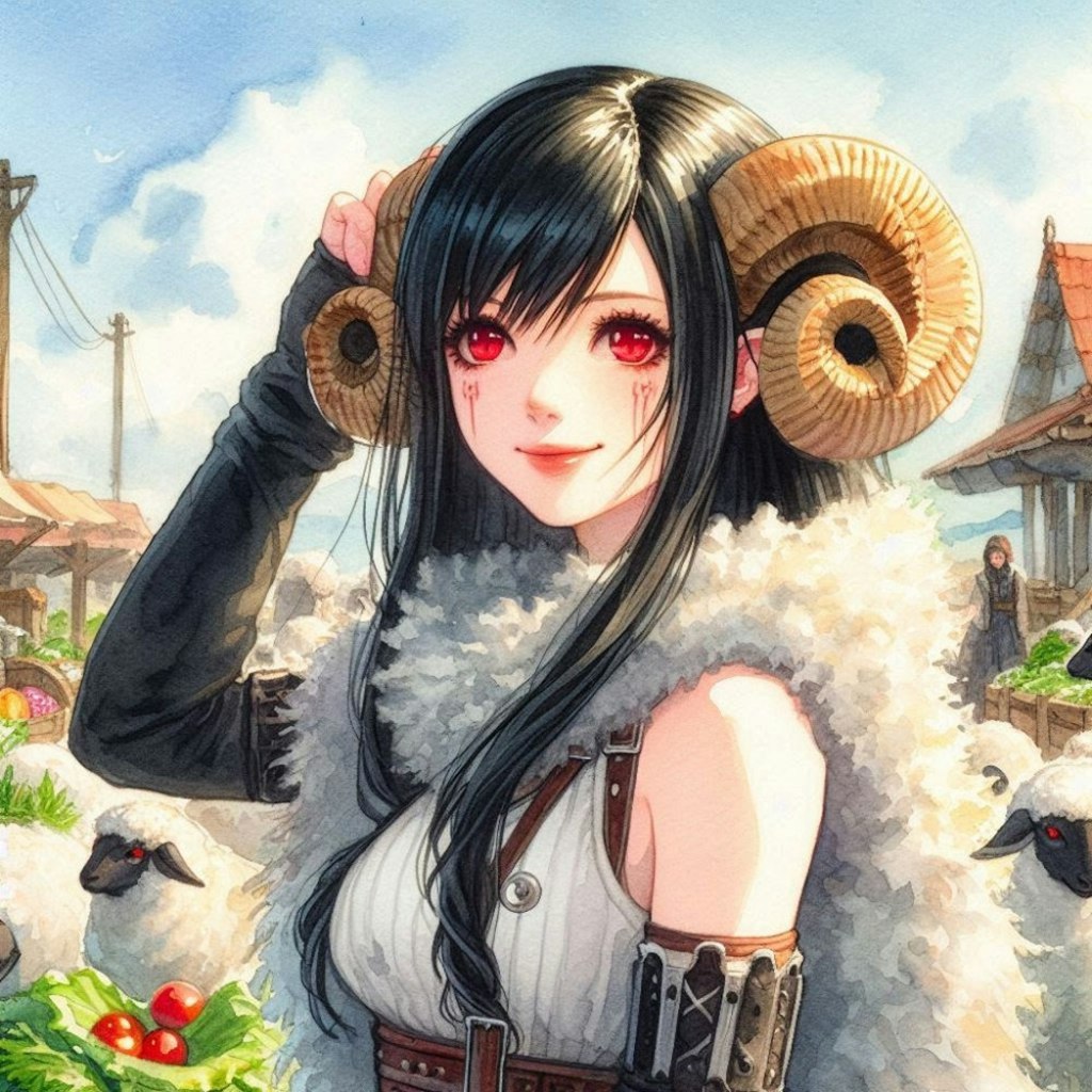 水彩アニメ風古代ギリシャ市場の羊娘コスプレ人妻