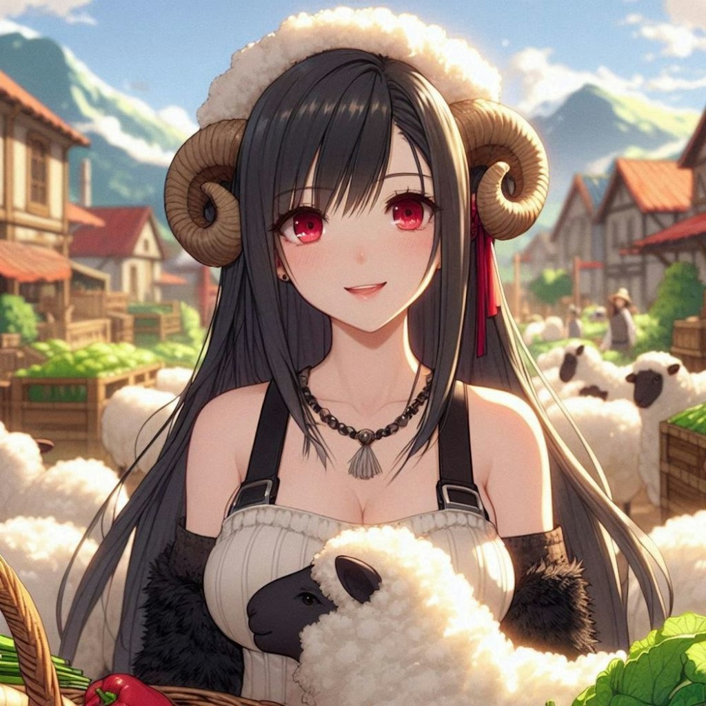 水彩アニメ風古代ギリシャ市場の羊娘コスプレ人妻
