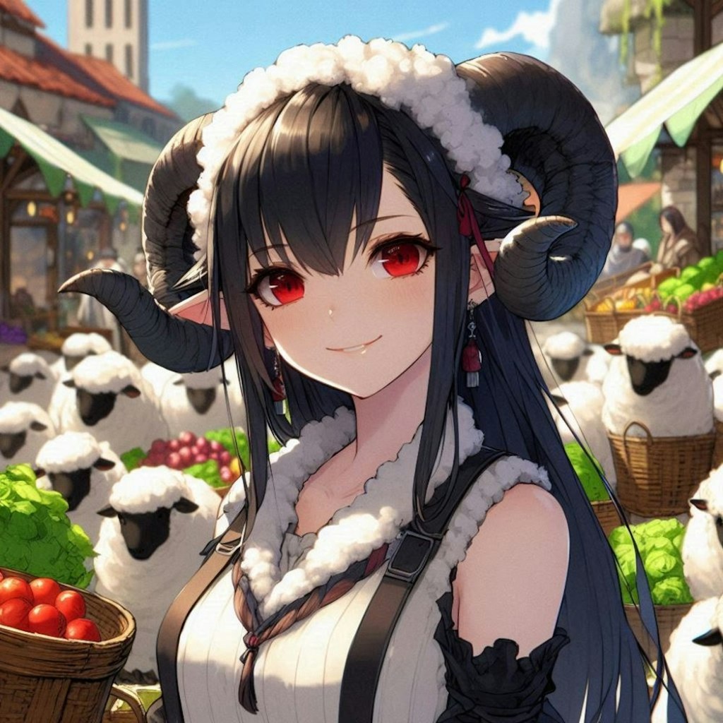 水彩アニメ風古代ギリシャ市場の羊娘コスプレ人妻