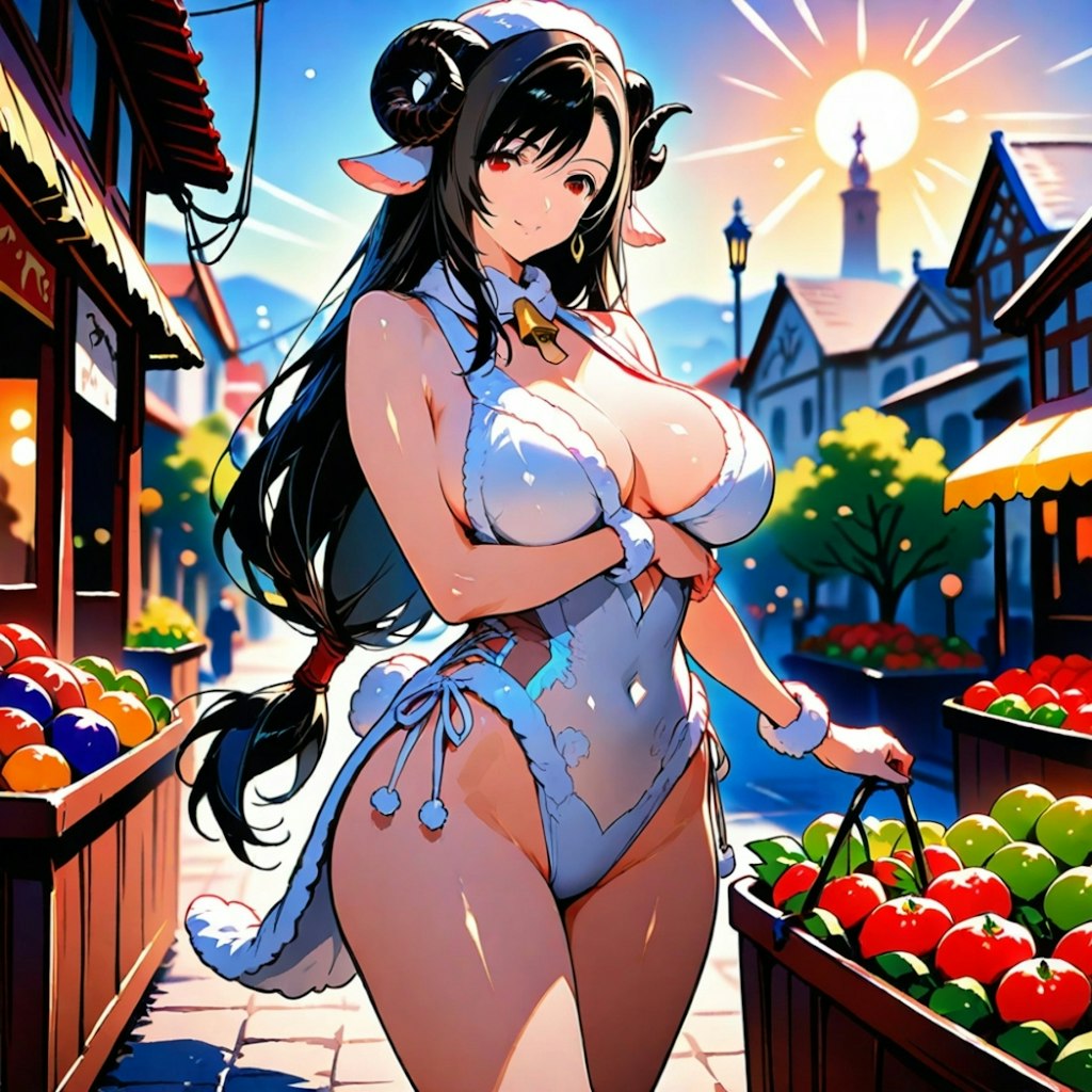 水彩アニメ風古代ギリシャ市場の羊娘コスプレ人妻