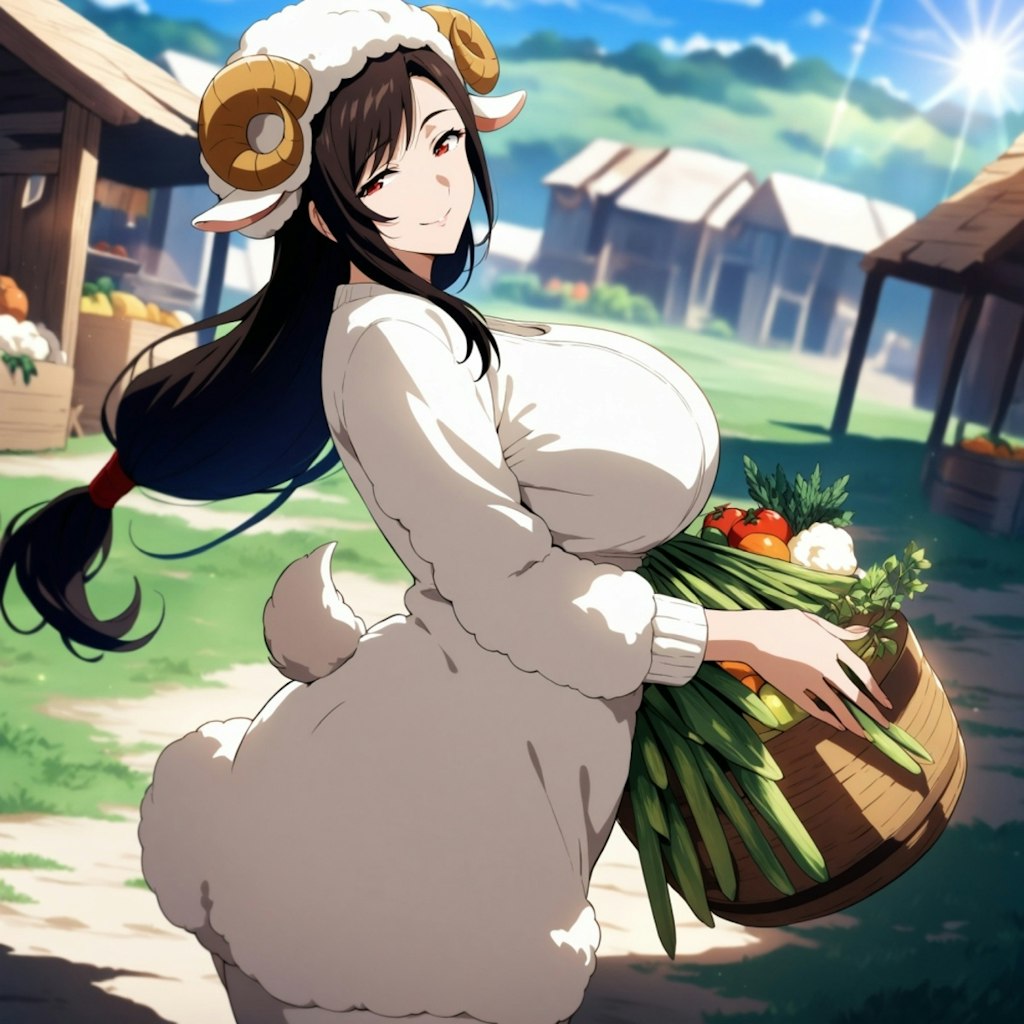 水彩アニメ風古代ギリシャ市場の羊娘コスプレ人妻