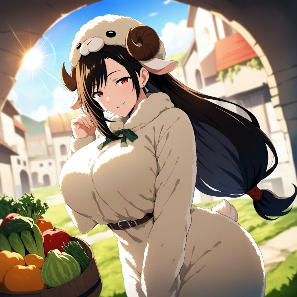 水彩アニメ風古代ギリシャ市場の羊娘コスプレ人妻