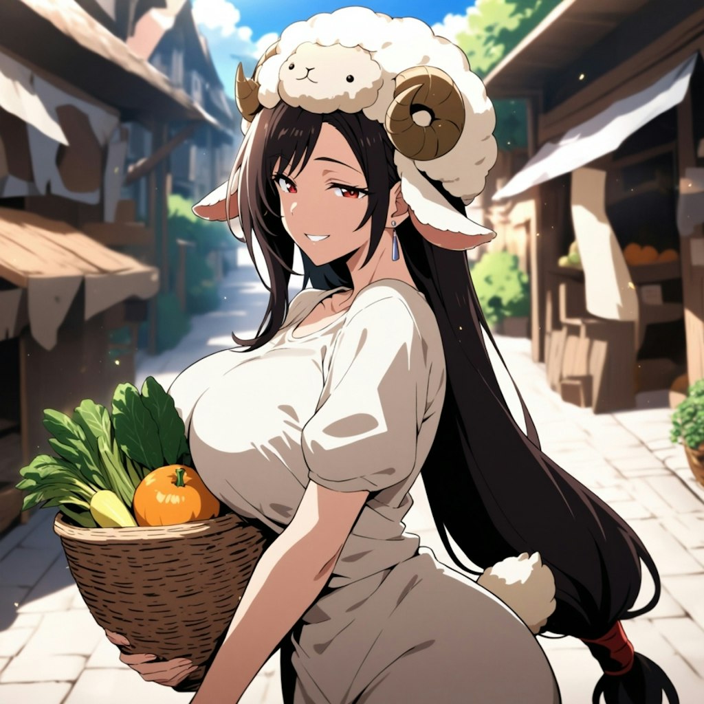 水彩アニメ風古代ギリシャ市場の羊娘コスプレ人妻