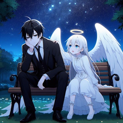 ベンチに座る男と天使の少女
