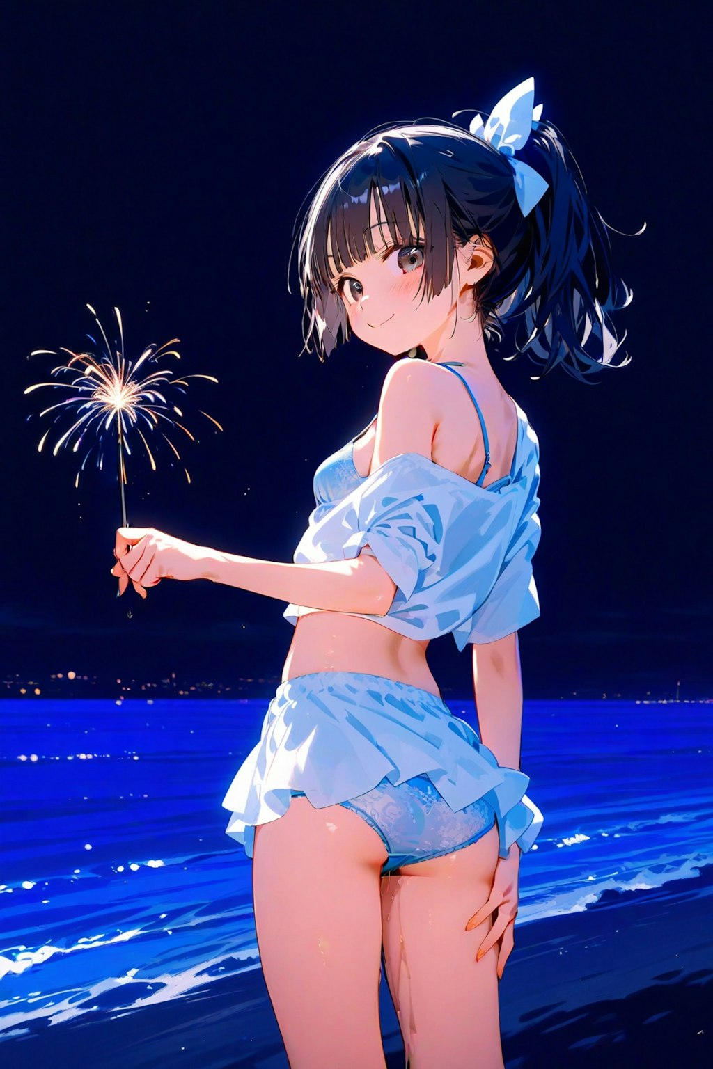 夜の海と花火とポニテちゃん