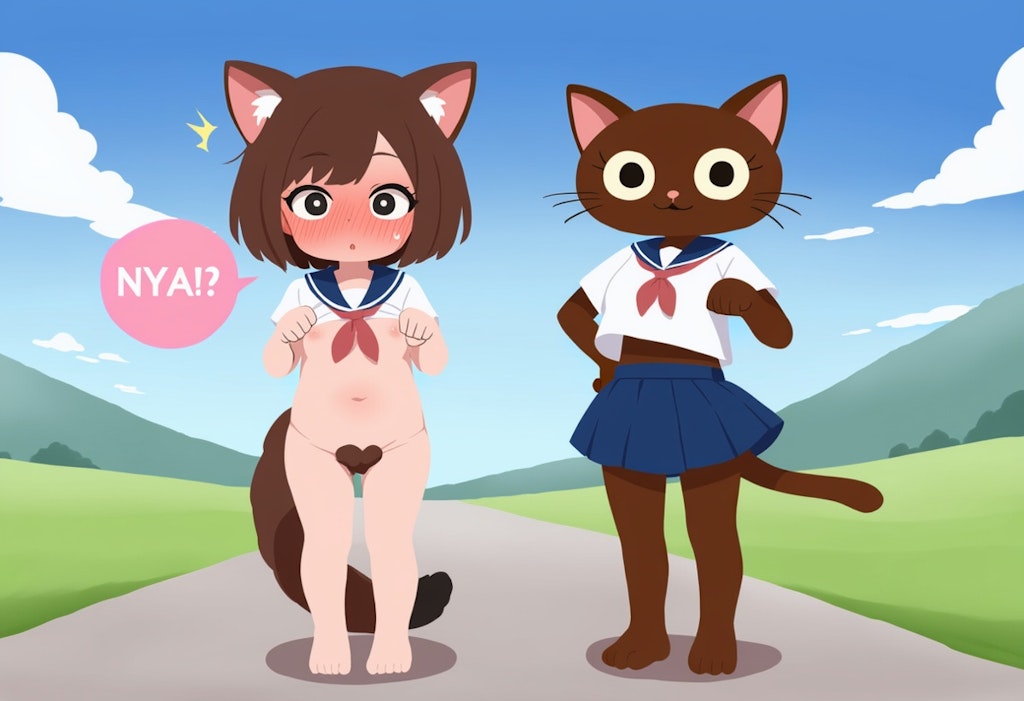 呪文で女の子が猫と中途半端に入れ替わってしまう