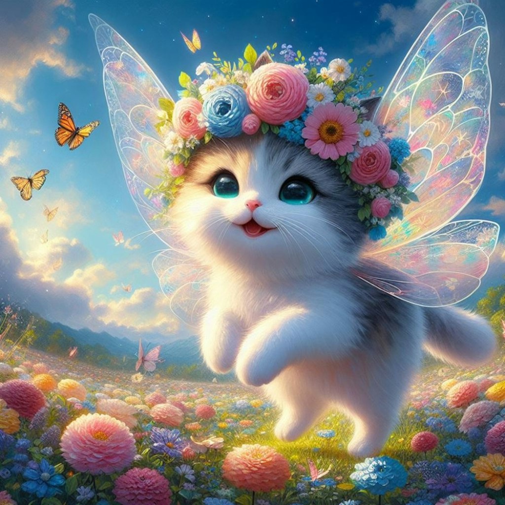 アクリル風 ファンタジー　春 #花冠 妖精猫