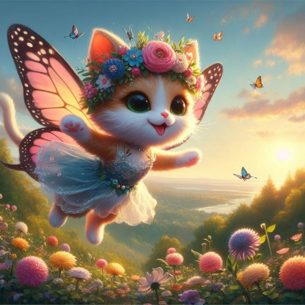 アクリル風 ファンタジー　春 #花冠 妖精猫