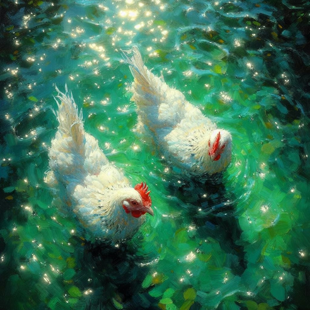 White hens in green water