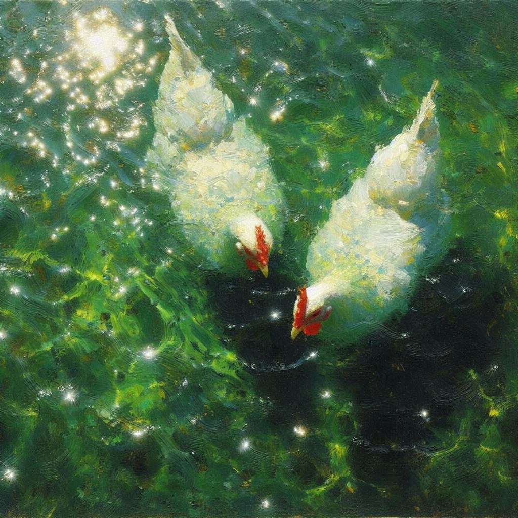 White hens in green water