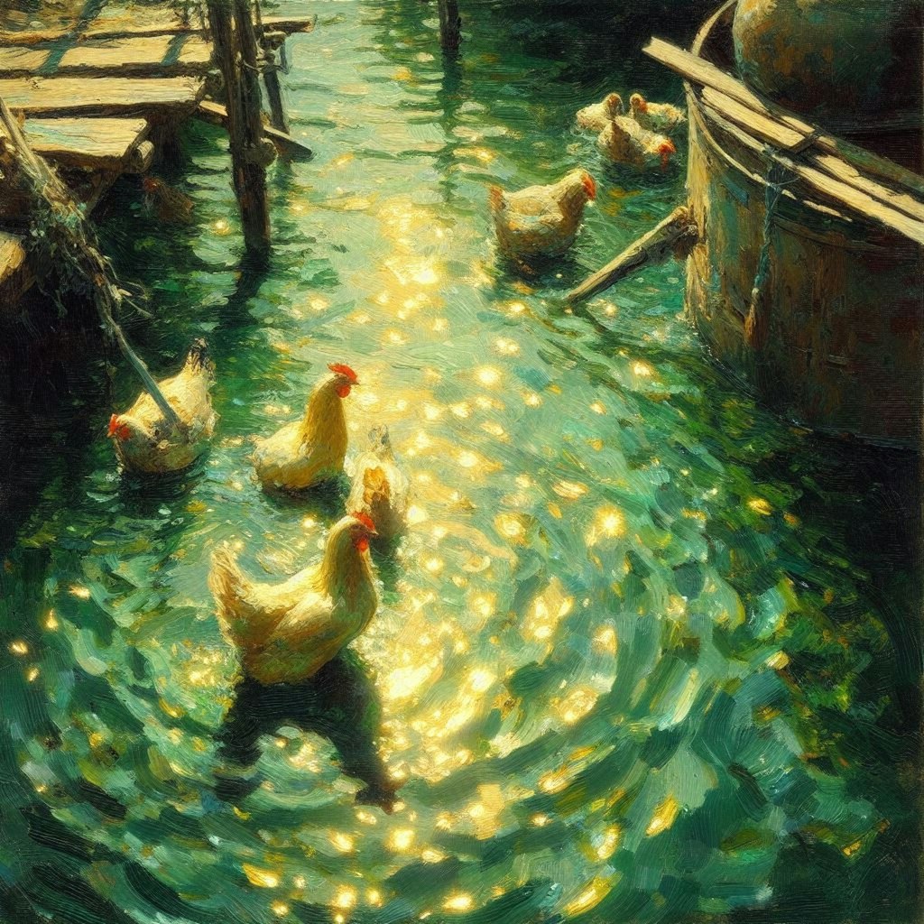 White hens in green water