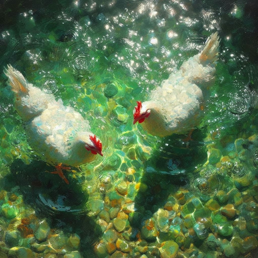 White hens in green water