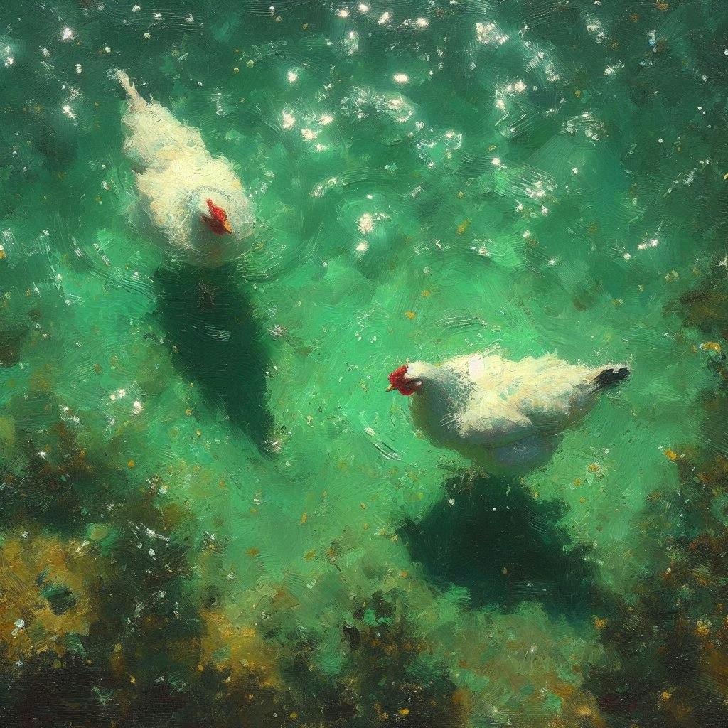 White hens in green water